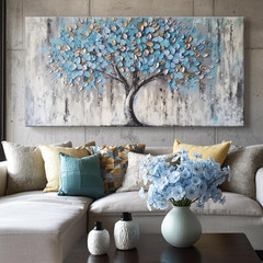 Abstract Tree of Life Canvas Art – Modern Blue Wall Decor 48×24 Inches