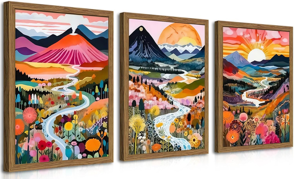 Framed Boho Abstract Mountain Art Set of 3 for Living Room & Bedroom