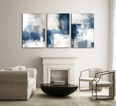 3 Pcs Navy Blue Abstract Canvas Wall Art Modern Minimalist Neutral Blue and Grey
