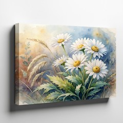 Daisy Flowers and Wheat Stalks Canvas Wall Art Floral Nature Print Decor