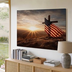 Sunrise with American Flag and Cross on Hilltop Patriotic Canvas Wall Art Print