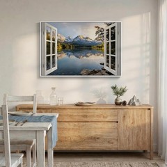 Framed Nature Window Landscape Wall Art, Horizontal Mountain Lake Canvas Artw…
