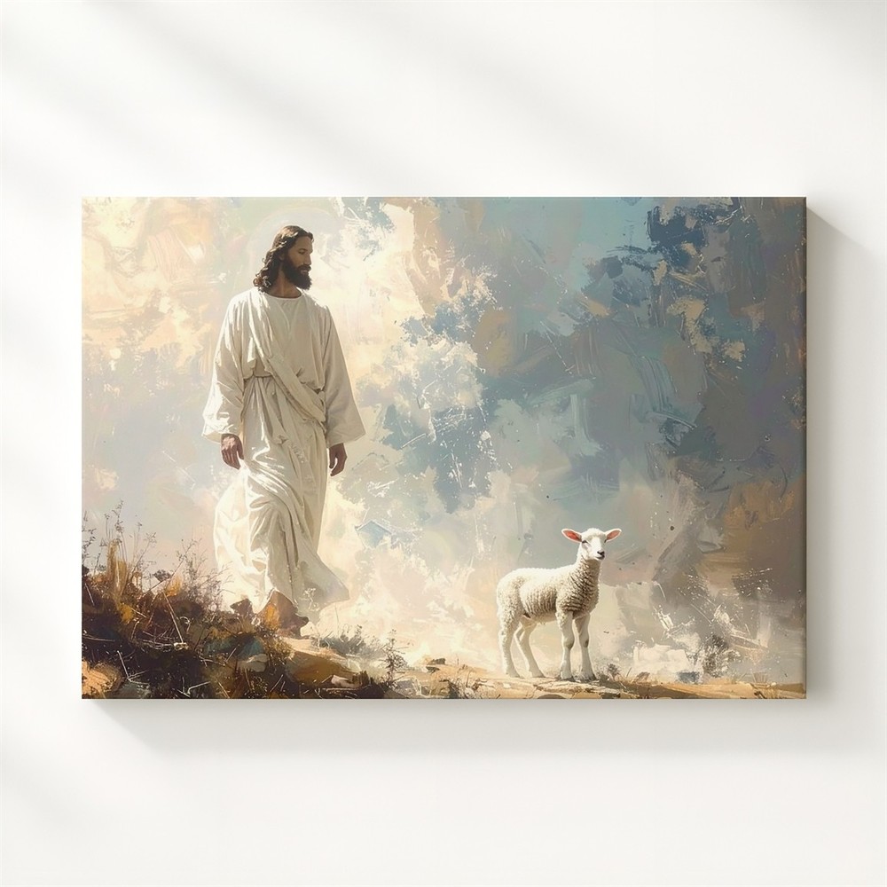 Good Shepherd Mist Canvas Jesus Walking With Lamb In Ethereal Landscape Wall Art