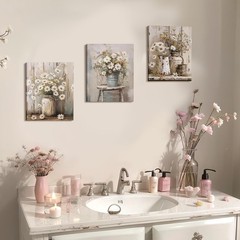 3 Pcs Daisy Bathroom Wall Decor Fall Rustic Farmhouse Pictures Wall Decor Can…