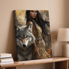 Native American Woman And Wolf Canvas Wall Art Autumn Forest Tribal Decor Print