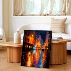 Wall Art Colorful Rainy City Street Night Painting Urban Reflection Canvas Decor
