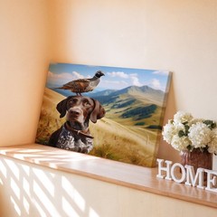 Dog with bird on head wildlife nature canvas wall art mountain landscape decor
