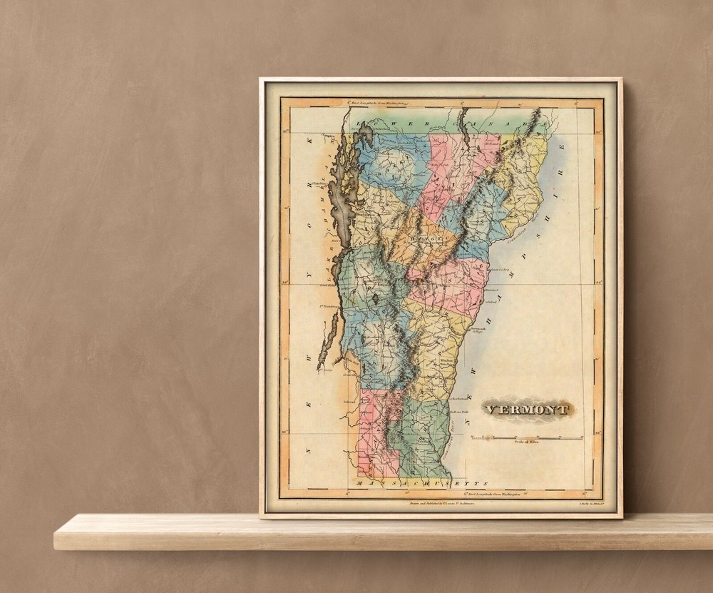 1823 State Map of Vermont Historic Wall Art Poster Print Decor Lucas Fielding