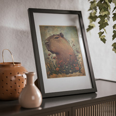 Retro CAPYBARA FLOWER Wall Art, Botanical Floral Wildlife Rodent Nature Poster