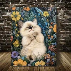 Cute Ragdoll Kitten with Flowers & Plants Painting Metal Print Ready to Hang