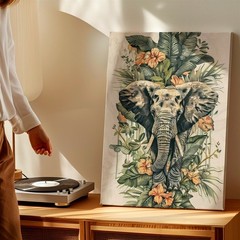 Wall Art Elephant Tropical Leaves Flowers Botanical Wildlife Canvas Print Decor