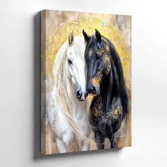 Wall Art Black White Horses Canvas Print Gold Ornate Animal Portrait Home Decor