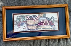 americana folk art Framed Print 17”x9” USA Flag Apples Baskets Cottage Farmhouse