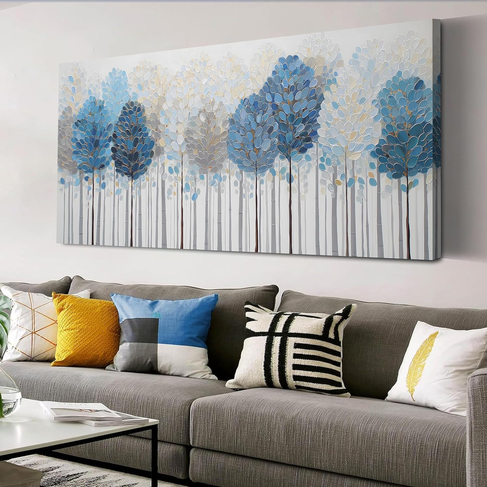 Blue and White Tree Canvas Art – Modern Forest Landscape for Home Decor 24″x48