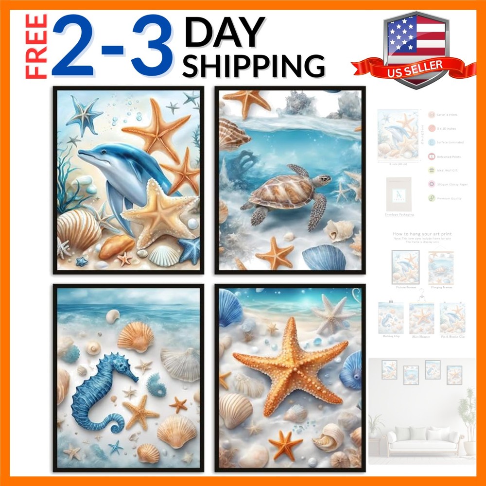 Ocean Animal Seahorse Sea Turtle Starfish Dolphin Seashell Wall Art Poster Se…