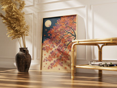 Japanese Autumn Maple Tree Moon Poster Vintage Ukiyo-e Woodblock Art Print Decor