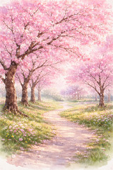 Cherry Blossom Trees Watercolor Art Print | Soft Pink Spring Landscape | Printab