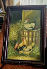 Vtg Rooster Chickens Farm Life Oil Painting on Canvas Frame 30X20.5″ Art 25X16″