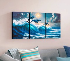Blue Wave Wall Art, 3-Panel Canvas, Ocean Decor, Large Modern Dolphin Wall Art