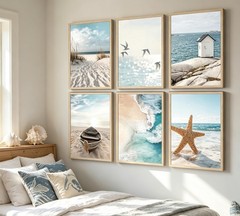 6 Pcs Coastal Poster Wall Art,Seaside Wave Beach Painting Picture Wall Decor