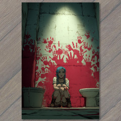Art Print Blue Haired Girl Toilet Blood Handprints Distressed Creepy Bathroom