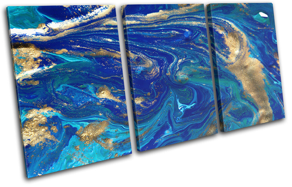 Marble Effect Design Blue Gold Abstract TREBLE CANVAS WALL ART Picture Print