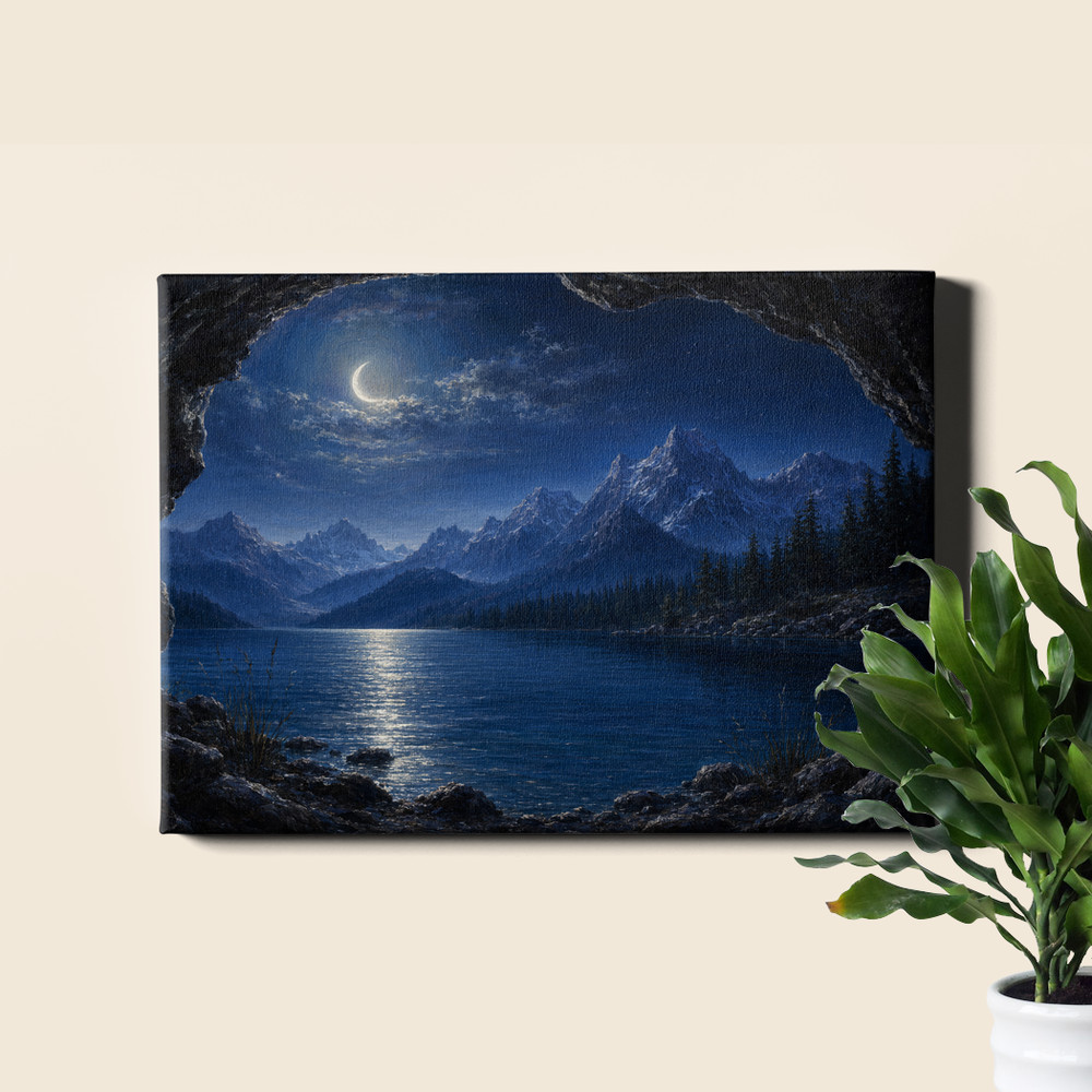 Mountain Lake View from Cave with Moon Framed Canvas Print 24x16inch