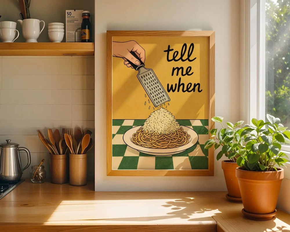Cheesy Pasta Poster – Retro Food Illustration Kitchen Wall Art Print