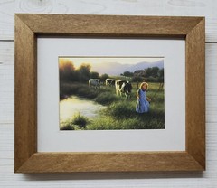 Robert Duncan girl walking farm cows Stained wood 8×10 framed wall picture