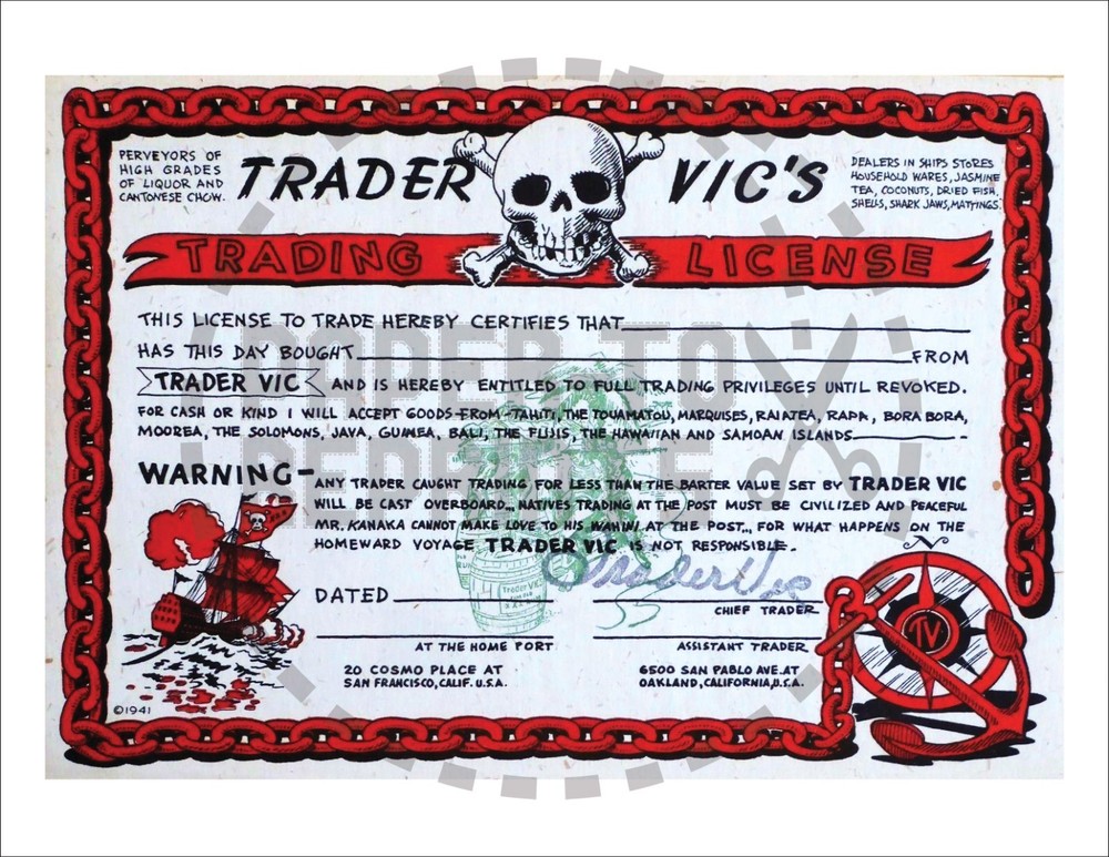 CERTIFICATES – TRADER VIC’S TRADING LICENSE 1941 – BLACK/RED – TIKI REPRO