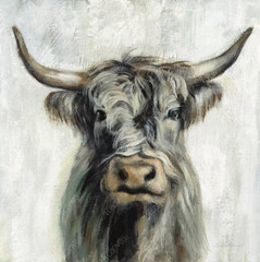 18″x18″ Highland Cow Canvas Print Wall Art Masculine Bull Portrait Brown Tan