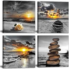 Black and White Gold Wall Decor Sea Sunset Beach Wall Art Seascape Zen Painti…