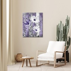 Farmhouse Daisy Floral Wall Art for Living Room, Purple Flower Butterfly Canv…