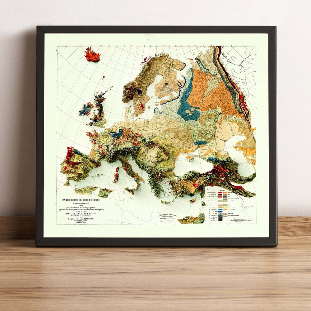 Europe Map, Europe 2D Relief Map, Europe Vintage Map – 2D Flat Print