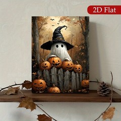 Ghost Witch Hat Pumpkin Halloween Framed Canvas,Vintage Spooky Forest Wall Decor