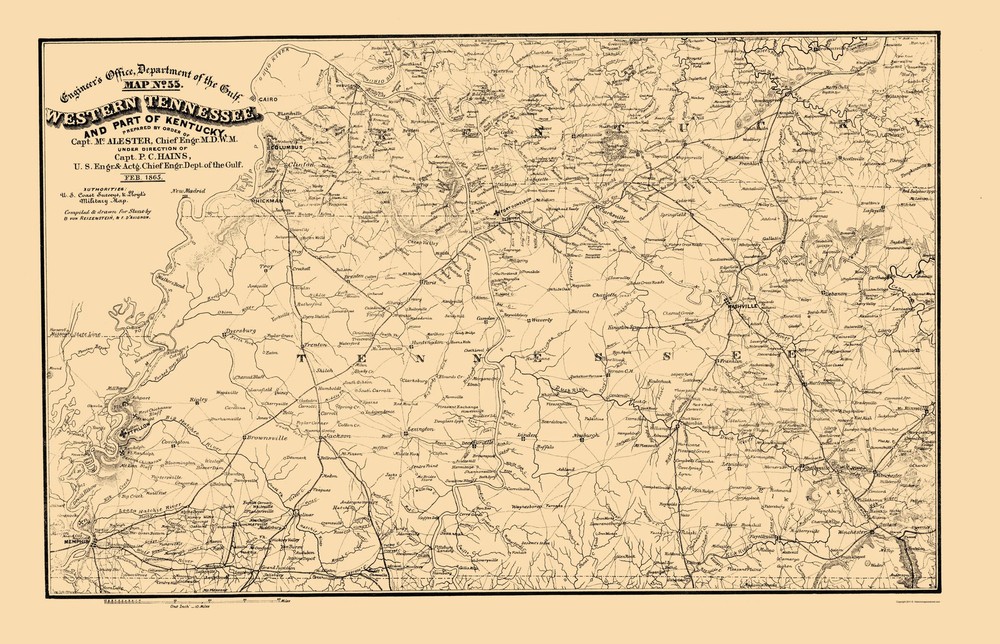 Historic State Map – Tennessee West Kentucky – Von Reizenstein 1865 – Vintage