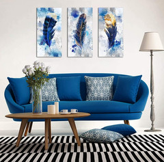 Modern Blue Feather Canvas Art Set – 3 Piece Wall Decor for Home & Office