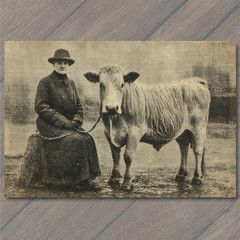 Art Print Edwardian Woman Highland Cow Rural Farm Portrait Antique Sepia