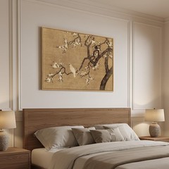 Framed Vintage Floral Bird Zen Wall Art, Neutral Asian Plum Blossom Branch Fl…