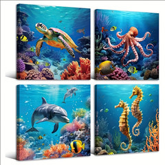 NEW Set 4 Frameless Canvas Wall Art Ocean Sea Turtle Octopus Dolphin Seahorse