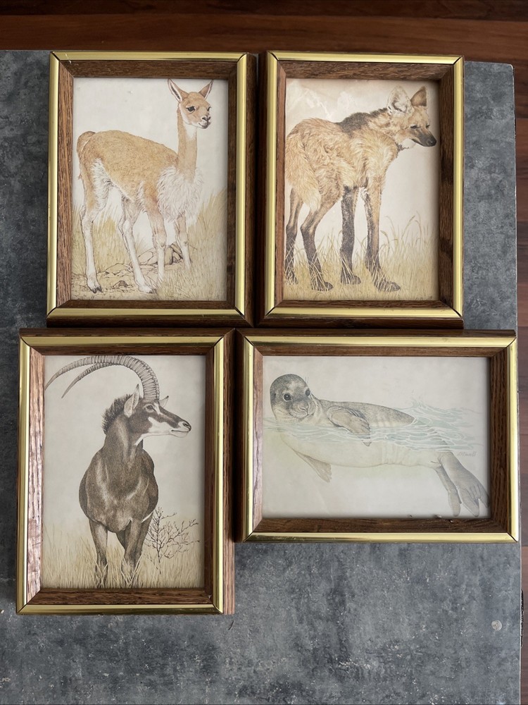 Set of 4 LK Powell Wildlife Prints Framed Rustic Cabin Wall Art Vintage Decor