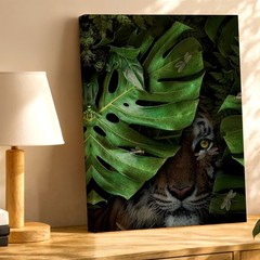 Wall Art Tiger in Tropical Jungle Leaves Botanical Wildlife Canvas Print Decor