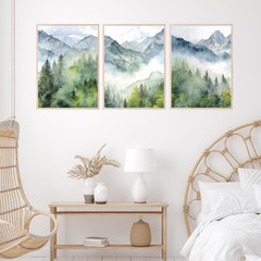 – Misty Forest Art, Mountain Painting Decor, Watercolor Forest Prints, Pine Tree