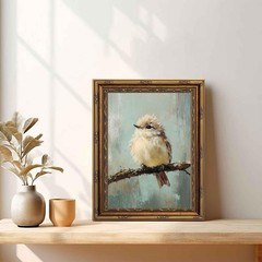 Gold Framed Bird Canvas Wall Art Vintage Beige Sparrow 11L x 9W, bird