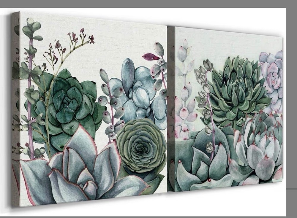 Succulent Botanical Canvas Wall Art Set 2 Green Plant Prints 16×16 Gallery Wrap
