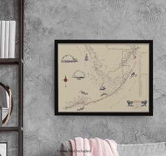 Mid-Century Miami to Key West Florida Overseas Highway Fishing Map circa 1952