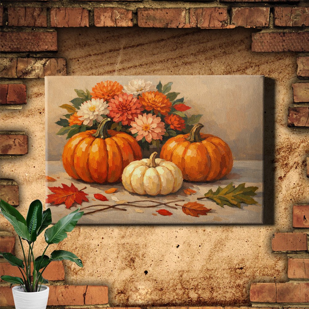 Pumpkin still life with floral bouquet Art Print vibrant impasto texture