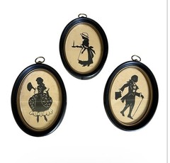 Vintage Silhouettes Set Of 3 Black Oval Frames Colonial Dress Americana