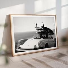 Vintage Surf Car Coastal Drive Black and White Retro Wall Art Print