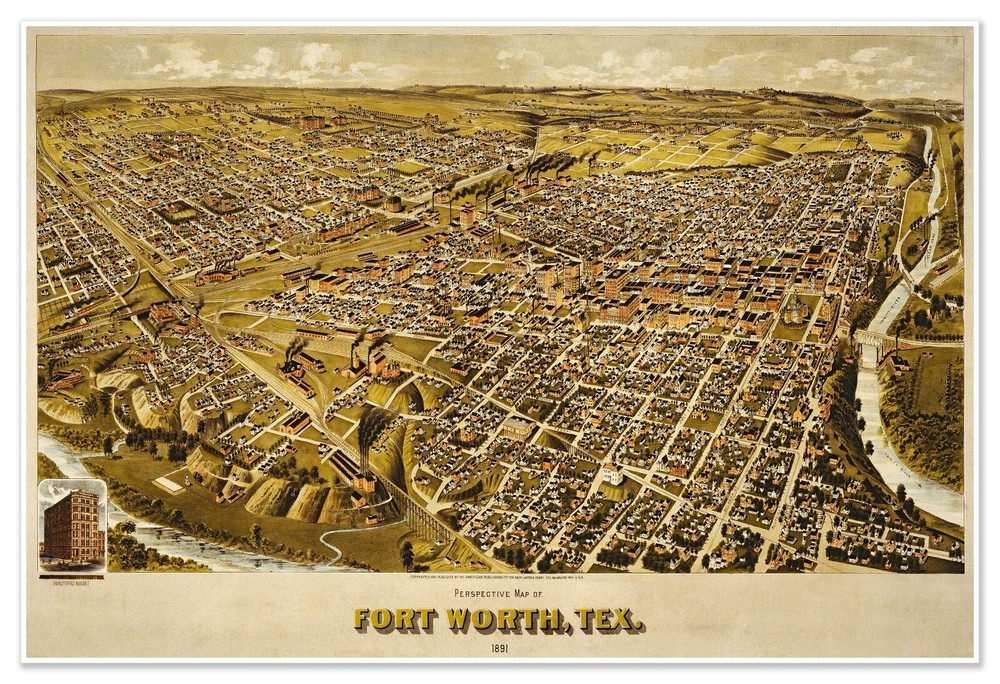 Fort Worth Texas Birds Eye View City Map circa 1891 Vintage Wall Decor Art Print